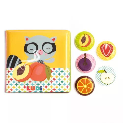 A lovely scratch-and-sniff book for learning fruit fragrances. Matching game with 5 scented patches: find the slice of cut fruit.