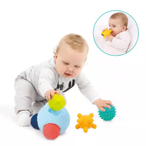 LUDI multi-ball puzzle. A 3D puzzle made up of a large ball and 5 small sensory balls. Balls in different colours, shapes and sizes to stimulate children's curiosity. Develops baby's dexterity, memory and logic. 100% PVC, hygienic. For children from 3 months. Product reference 30065.