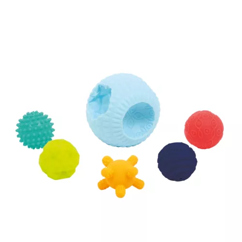 LUDI multi-ball puzzle. A 3D puzzle made up of a large ball and 5 small sensory balls. Balls in different colours, shapes and sizes to stimulate children's curiosity. Develops baby's dexterity, memory and logic. 100% PVC, hygienic. For children from 3 months. Product reference 30065.