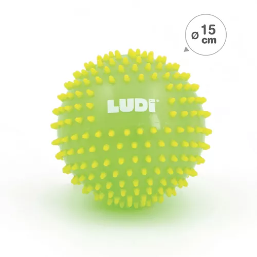 Two-coloured sensory balls from LUDI. A ball with soft pimples that develops baby's sense of touch while having fun. Ideal for learning to coordinate movements. Soft, light and hygienic plastic. For children from 6 months. Product reference 30068.