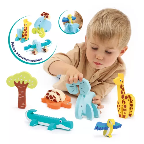 Construction game to stimulate fine motor skills and develop imagination with 18 interchangeable pieces. 5 animals and 1 tree made from soft, lightweight foam. From 18 months.