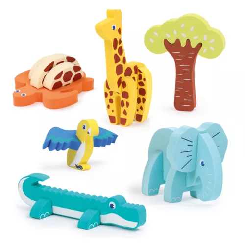 Construction game to stimulate fine motor skills and develop imagination with 18 interchangeable pieces. 5 animals and 1 tree made from soft, lightweight foam. From 18 months.