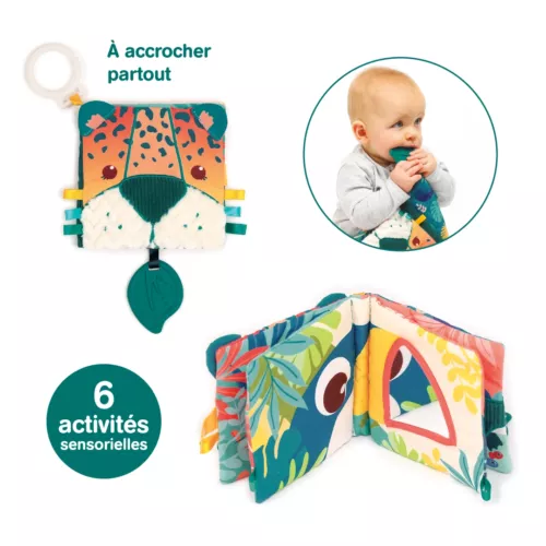 Jungle themed fabric book for early learning. 7 sensory activities. Designed to be very easy to grasp. Handy teething ring/hanger.