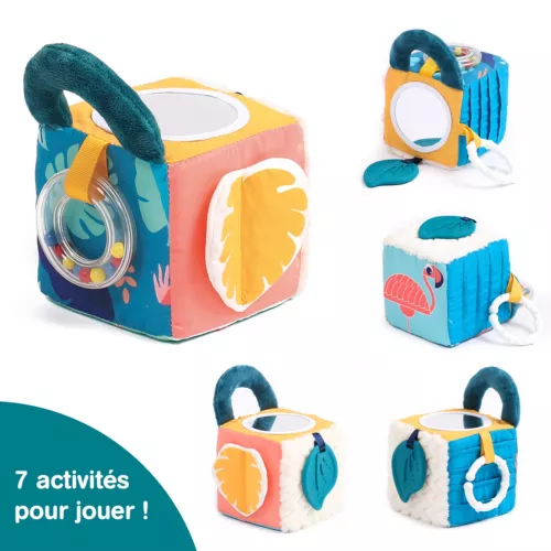 LUDI ‘Leaf’ fabric activity cube. Soft fabric activity cube to develop baby's sense of touch and coordination of movement while having fun! (Handle, teething ring, ribbons, mirror, different textures). For children from 3 months. Product reference 30088.