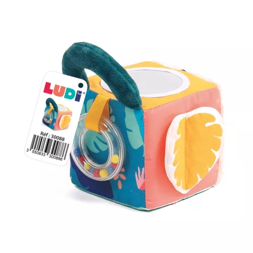 LUDI ‘Leaf’ fabric activity cube. Soft fabric activity cube to develop baby's sense of touch and coordination of movement while having fun! (Handle, teething ring, ribbons, mirror, different textures). For children from 3 months. Product reference 30088.