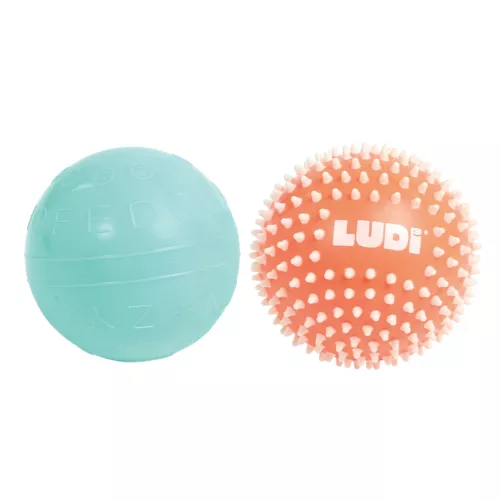 Duo of sensory balls with pimples from LUDI. Develops baby's sense of touch while having fun. Ideal for learning and movement coordination. Soft, lightweight and hygienic plastic. For children from 6 months. Product reference 30089.