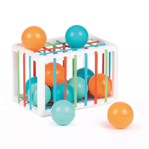 A surprising cube with elastic bands that enclose 12 funny-sounding coloured balls. This original nesting game develops prehension, logic and fine motor skills.