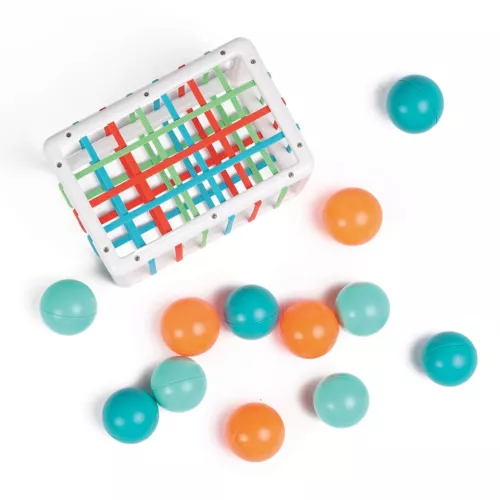 A surprising cube with elastic bands that enclose 12 funny-sounding coloured balls. This original nesting game develops prehension, logic and fine motor skills.