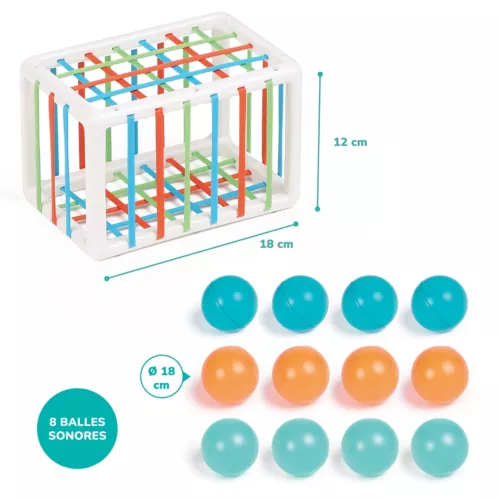 A surprising cube with elastic bands that enclose 12 funny-sounding coloured balls. This original nesting game develops prehension, logic and fine motor skills.