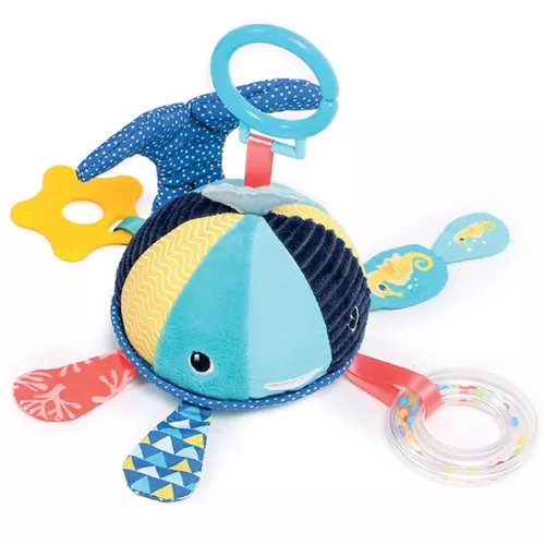 There's lots to do on this whale-shaped hanging activity toy, which stimulates baby's senses, fine motor skills and grasping ability, while letting him have fun learning to use his hands! From 3 months.