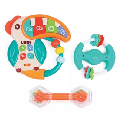 A musical box to introduce children to music! 1 piano toucan and 2 percussion instruments, designed for easy handling. Develop baby's dexterity.