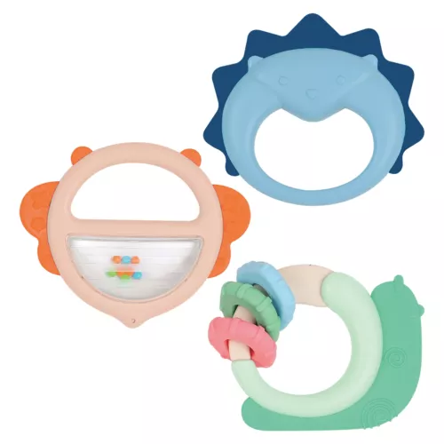 Set of 3 animal rattles, designed for easy handling. Develops baby's dexterity. Hygienic. From 3 months.