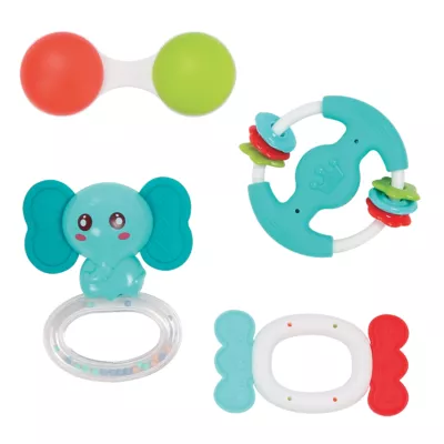 A set of 4 chew-proof rattles! Your baby will marvel at the little balls that rattle and the funny sounds they make!