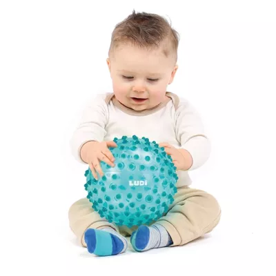 A ball with soft pimples that develops baby's sense of touch while having fun. Ideal for learning to coordinate movements. Soft, lightweight, hygienic plastic. From 6 months.