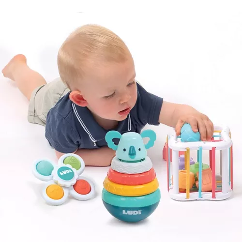 Découvrez ce coffret qui est composé de 1 Baby spinner, d’un jeu culbuto d’empilement pyramide (composé de 3 anneaux colorés et 1 tige centrale) et d’un cube d'encastrement (un cube décoré d’élastiques entremêlés et 6 formes de couleur). Dès 10 mois. 