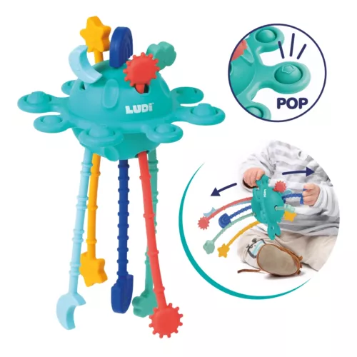 Multi-sensory stimulation toy. Its soft material, size and ergonomic shape make it easy to hold. Play with notches and pop bubbles to develop fine motor skills. From 10 months.