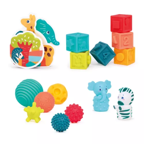 Discover our jungle-themed learning set: 6 colourful cubes, 6 sensory balls, 2 ‘sprinkler’ animals and 1 bath book! To stimulate dexterity and imagination! From 10 months.