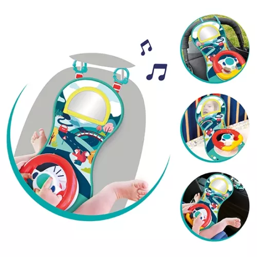 Activity panel with sound and light wheel to keep baby busy on the move. Adjustable straps for hanging anywhere: car, cot, pushchair. From 18 months.