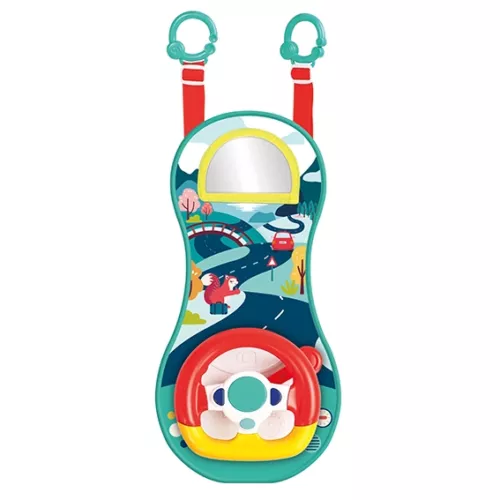 Activity panel with sound and light wheel to keep baby busy on the move. Adjustable straps for hanging anywhere: car, cot, pushchair. From 18 months.