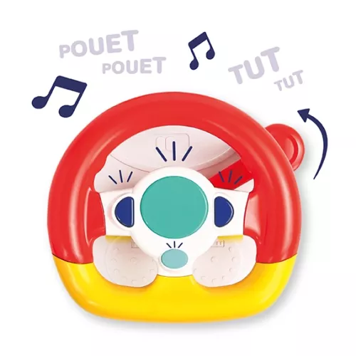 Panneau d'activités avec volant sonore et lumineux pour occuper bébé lors de ses déplacements. Sangles réglables pour l'accrocher partout : voiture, lit, poussette. Dès 18 mois.