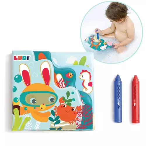 LUDI colouring bath book. A lovingly illustrated bath book that's perfect for little hands. Made from soft, hygienic, waterproof and chew-resistant plastic. 2 crayons included for colouring in. For children over 10 months. Product reference 40058.