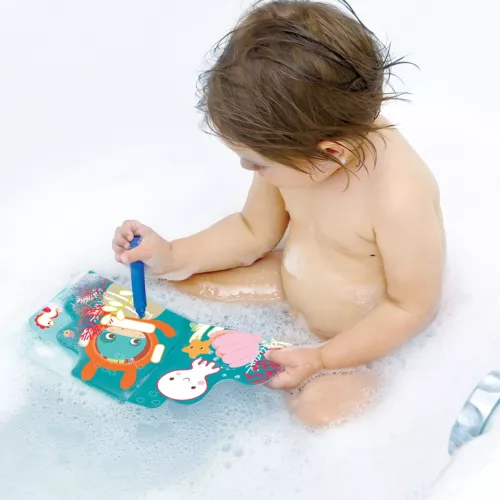 LUDI colouring bath book. A lovingly illustrated bath book that's perfect for little hands. Made from soft, hygienic, waterproof and chew-resistant plastic. 2 crayons included for colouring in. For children over 10 months. Product reference 40058.