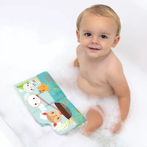 LUDI colouring bath book. A lovingly illustrated bath book that's perfect for little hands. Made from soft, hygienic, waterproof and chew-resistant plastic. 2 crayons included for colouring in. For children over 10 months. Product reference 40058.