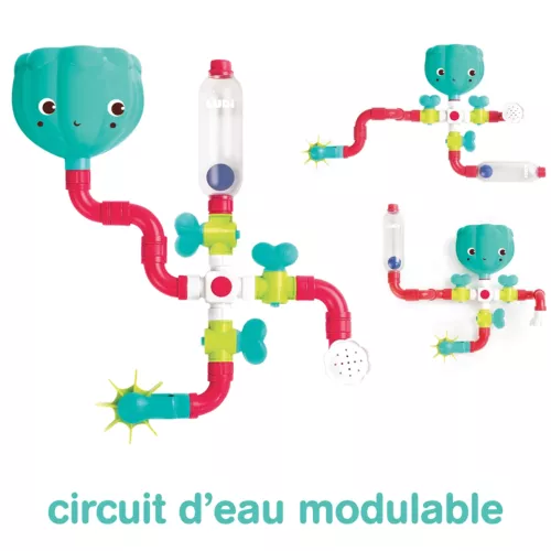 Circuit à eau de LUDI. Un grand circuit à construire pour découvrir les effets de l'eau ! 14 pièces interchangeables pour créer son propre parcours. Stimule l’imagination et la dextérité des enfants. Fixation ventouse. Pour les enfants de plus de 18 mois. Référence produit 40061.