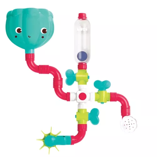 Circuit à eau de LUDI. Un grand circuit à construire pour découvrir les effets de l'eau ! 14 pièces interchangeables pour créer son propre parcours. Stimule l’imagination et la dextérité des enfants. Fixation ventouse. Pour les enfants de plus de 18 mois. Référence produit 40061.