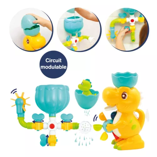 Dino bath set from LUDI. A great set to give as a gift and play with at bath time! It includes a dinosaur with a mill, a path to build to make the water circulate and a sprinkler. Stimulates baby's imagination and dexterity. Suction cup attachment. For children over 10 months. Product reference 40071.