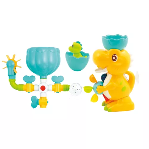 Dino bath set from LUDI. A great set to give as a gift and play with at bath time! It includes a dinosaur with a mill, a path to build to make the water circulate and a sprinkler. Stimulates baby's imagination and dexterity. Suction cup attachment. For children over 10 months. Product reference 40071.