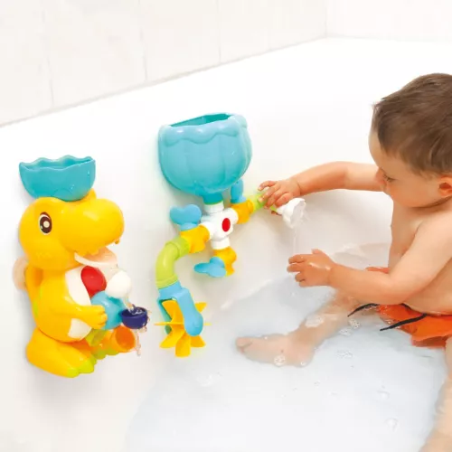 Dino bath set from LUDI. A great set to give as a gift and play with at bath time! It includes a dinosaur with a mill, a path to build to make the water circulate and a sprinkler. Stimulates baby's imagination and dexterity. Suction cup attachment. For children over 10 months. Product reference 40071.