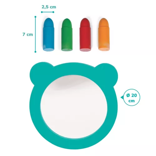 Aquacolor de LUDI. Super coffret de jouets de bain comprenant un grand miroir flotteur (collant aux parois du bain) et 4 crayons effaçables, solides et résistants à l’eau. Pour les enfants de plus de 10 mois. Référence produit 40073.