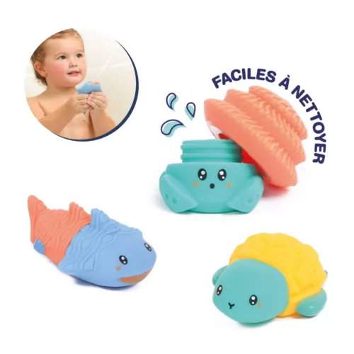 3 fun, textured sprinklers. Easy to wash and interchangeable. From 10 months.