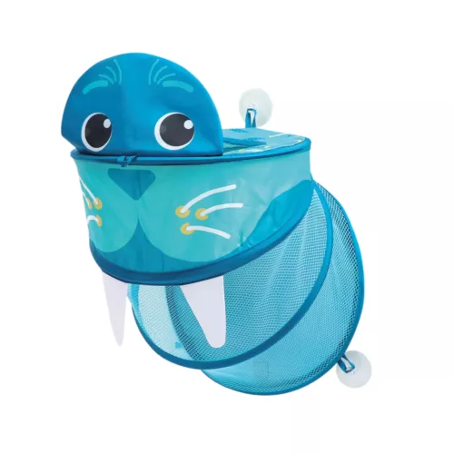 Grand filet de rangement pour les jouets du bain ou les affaires de toilette. Il se fixe à la faïence grâce aux 5 ventouses super adhérentes ! Dès 10 mois.