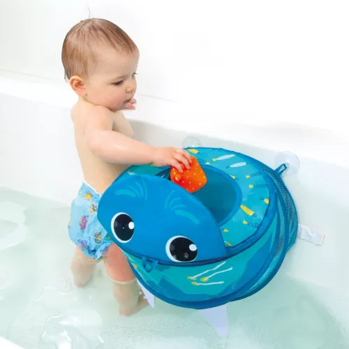 Grand filet de rangement pour les jouets du bain ou les affaires de toilette. Il se fixe à la faïence grâce aux 5 ventouses super adhérentes ! Dès 10 mois.