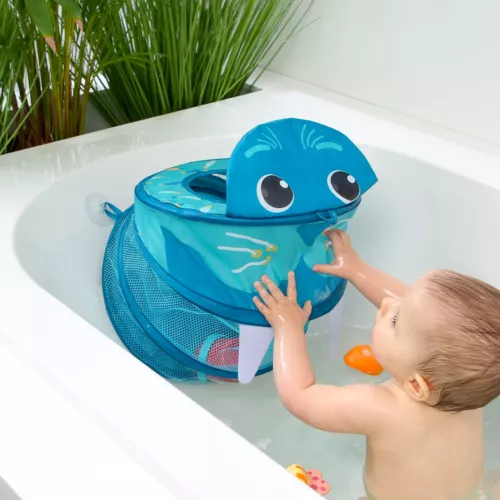 Grand filet de rangement pour les jouets du bain ou les affaires de toilette. Il se fixe à la faïence grâce aux 5 ventouses super adhérentes ! Dès 10 mois.