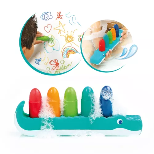 5 crayons effaçables, solides et résistants à l’eau pour développer la motricité fine et l'imagination des enfants. Un support crocodile original en mousse pour tout ranger. Dès 10 mois