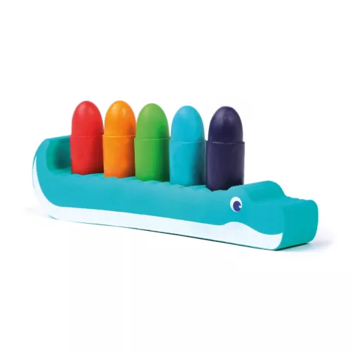 5 crayons effaçables, solides et résistants à l’eau pour développer la motricité fine et l'imagination des enfants. Un support crocodile original en mousse pour tout ranger. Dès 10 mois