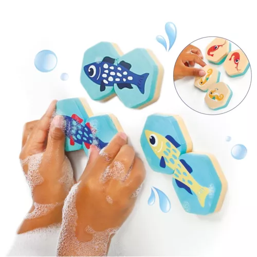 24 foam pieces. Match the identical fish or put together the colorful fish. Waterproof. Comes with a storage jar. Ages + 18 months.