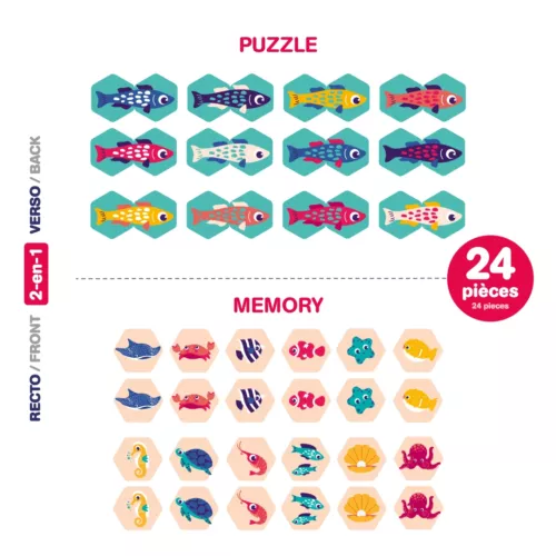 24 pièces en mousse waterproof. Retrouve les poissons identiques ou reconstitue les poissons colorés. Bocal de rangement inclus. Dès 18 mois.