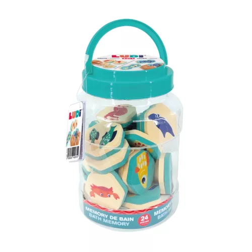 24 foam pieces. Match the identical fish or put together the colorful fish. Waterproof. Comes with a storage jar. Ages + 18 months.