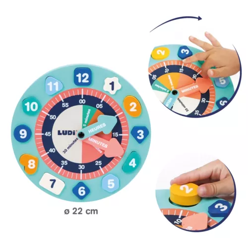 Educational foam clock to have fun learning to keep track of time. ! 2 hands that move and 12 blocks numbered 1 to 12, all featuring different shapes and colours. From 3 years.