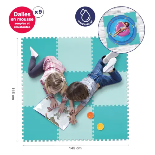 Large-surface floor mat. Provides protection for children practising sports or motor activities. Hygienic, for indoor-outdoor use.