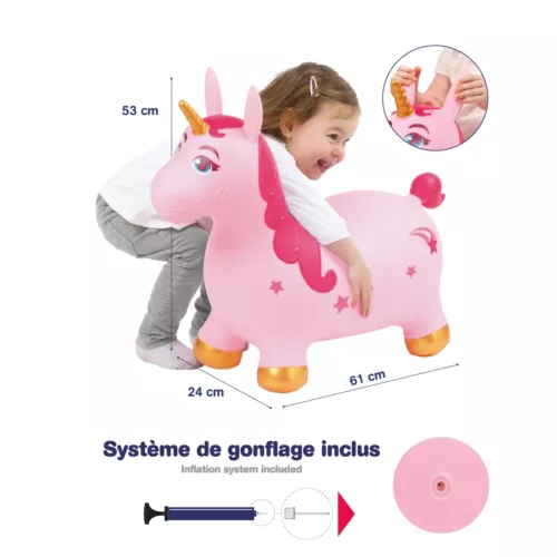 La jolie licorne s’utilise comme un ballon à sauter avec deux « poignées oreilles » et une petite corne dorée. Les petits cavaliers sont prêts pour des chevauchées déchaînées ! Dès 10 mois.