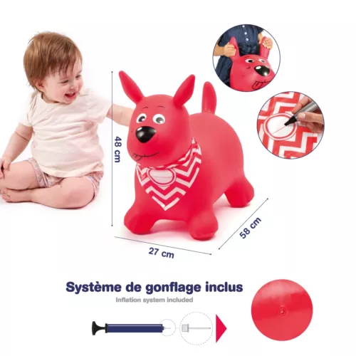 Ce chien sauteur deviendra le compagnon de jeu idéal des petits ! Bébé grandit et rebondit avec son petit chien ! Utilisation : intérieur/extérieur. Plastique doux et épais. Grande stabilité. Bandana personnalisable. Pompe inclus. Dès 10 mois.