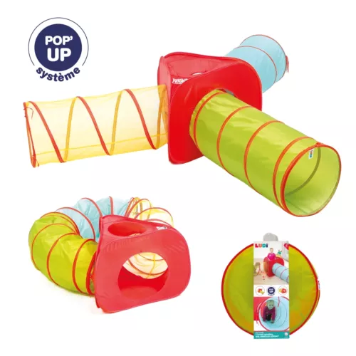 Multitunnel by LUDI. Three tunnels to assemble to create a large motor skills course. Lightweight, flexible and space-saving, it unfolds and folds easily into its included bag. For indoor and outdoor use. For children aged 2 and over. Product reference 90108.