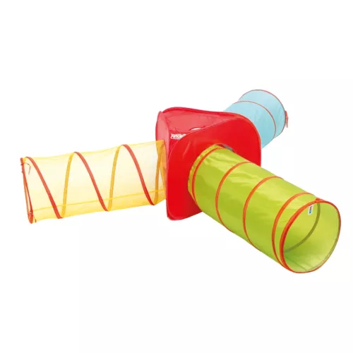 Multitunnel by LUDI. Three tunnels to assemble to create a large motor skills course. Lightweight, flexible and space-saving, it unfolds and folds easily into its included bag. For indoor and outdoor use. For children aged 2 and over. Product reference 90108.