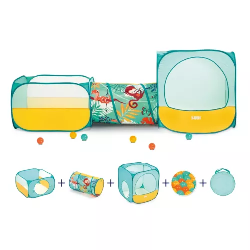 A large play area for group fun! Comprising a cube, a tunnel and a ball play area. Supplied with 30 balls to play with straight away! From age 2.