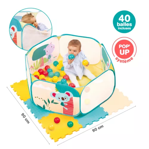 Play set contains 1 pop-up area with 40 multicoloured balls and 9 tiles to form a thick mat (insulation, comfort). A complete kit for setting up a safe ball pool quickly and easily! From 10 months.